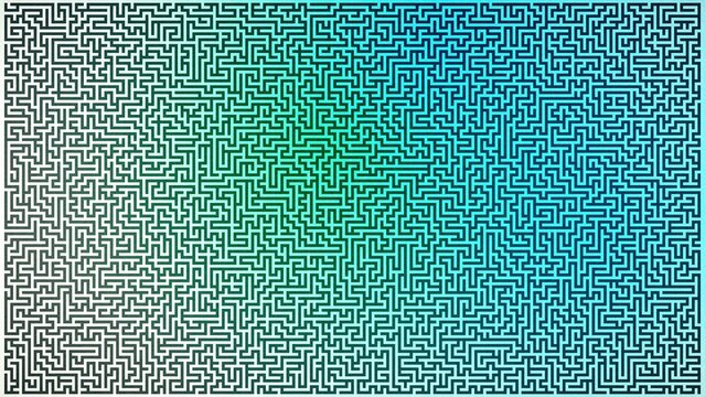 Complex labyrinth maze pattern with teal green to cyan gradient and fine grain texture
