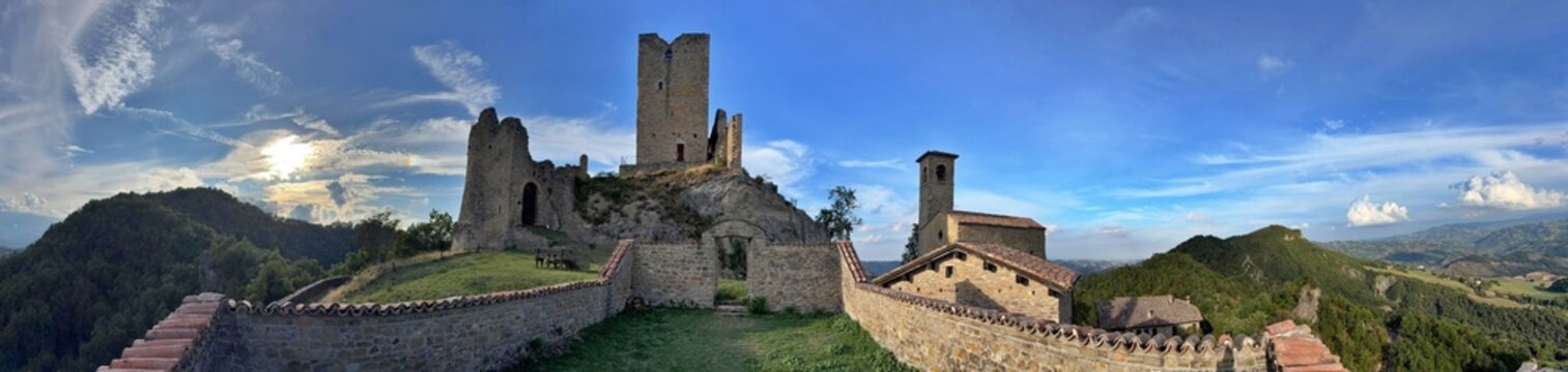 Carpineti, Reggio Emilia, Italy - 04.20.2018: Aerial view of the castle of Carpineti