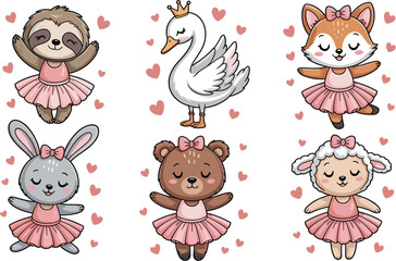 Obraz premium Cute Ballerina Animals Vector Element Collection Pack with Sloth Swan Fox Rabbit Bear and Sheep in Pink Tutu Skirts for Girls Nursery Wall Art Designs