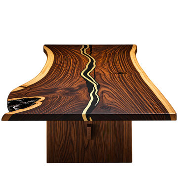 Modern wooden table with black epoxy resin river design isolated on transparent background