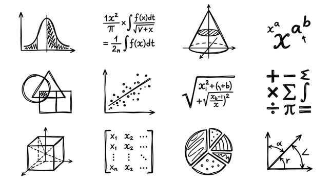 Mathematical symbols and diagrams representing various concepts in mathematics.