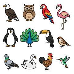 Fototapeta premium A collection of twelve cartoon bird illustrations including an eagle owl parrot flamingo penguin peacock toucan sparrow pigeon swan rooster and hummingbird on a white background