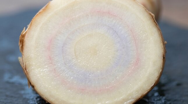 Fresh Galangal Root Cross-Section with Blue-Pink Rings.
