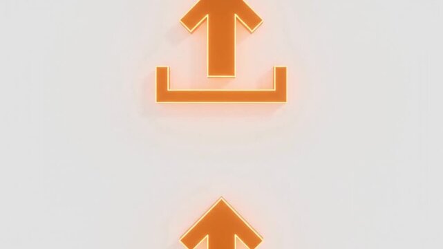 Minimalist glowing orange 3d upload icon and arrow on light surface