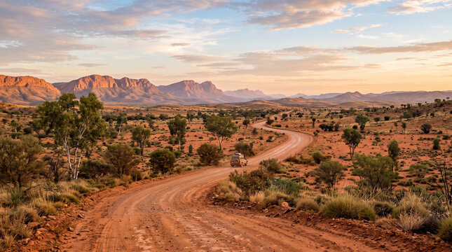 Winding dirt road through desert landscape at sunset with mountains  