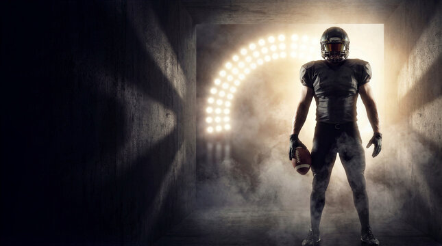 American Football Player Emerging from Stadium Tunnel Into Bright Arena Lights Dramatic Cinematic Silhouette Holding Leather Ball Professional Athlete Standing Ready for Match Championship Game, Gear