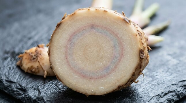 Fresh Galangal Root Cross-Section with Blue-Pink Rings.
