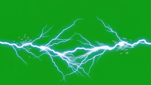 Crackling blue electrical arcs branching randomly across a pure chroma green background leaving intense glowing ionized trails.