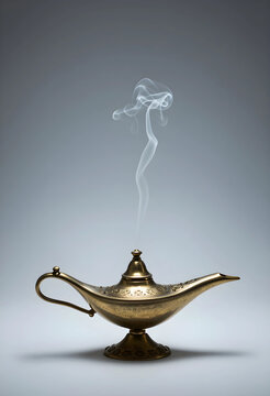 Magic and fantasy concept golden genie lamp with rising smoke mystery and folklore ancient metal oil lamp on a plain studio background