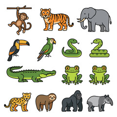 Fototapeta premium Collection of cute cartoon wildlife and jungle animal icons including a monkey tiger elephant toucan parrot snake crocodile frog leopard sloth gorilla and tapir isolated on a white background