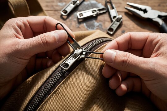 Close up of hands using metal paperclip to fix broken backpack zipper. Person performs temporary repair on canvas bag slider. Useful DIY mending solution for damaged luggage school bag using
