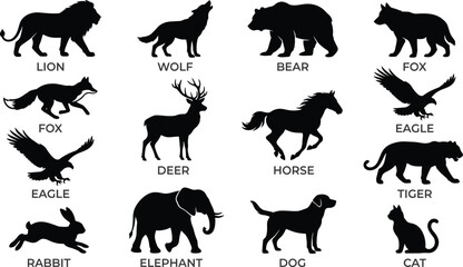 Obraz premium Wild and domestic animal black silhouette icon set featuring lion wolf bear elephant horse and eagle vector