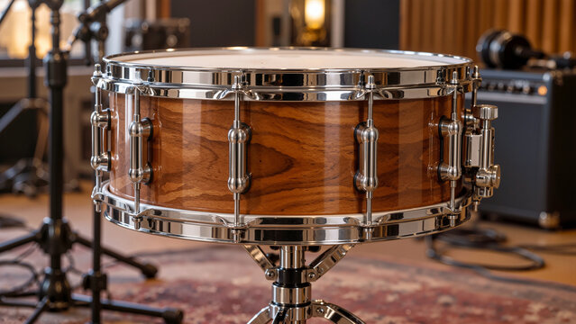 Handcrafted Wooden Snare Drum with Chrome Hardware on Stand in Recording Studio Setup, Warm Natural Finish Percussion Musical Instrument   