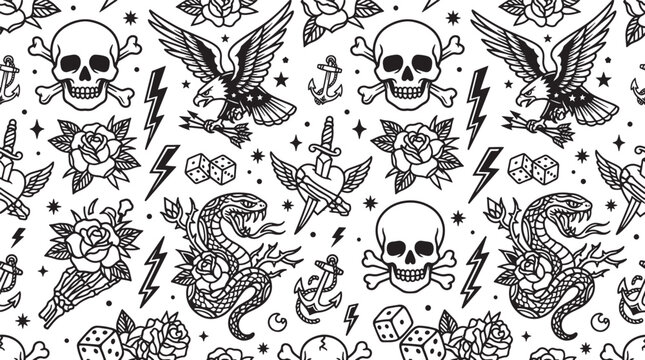 Old school tattoo flash seamless pattern with skulls eagles and roses