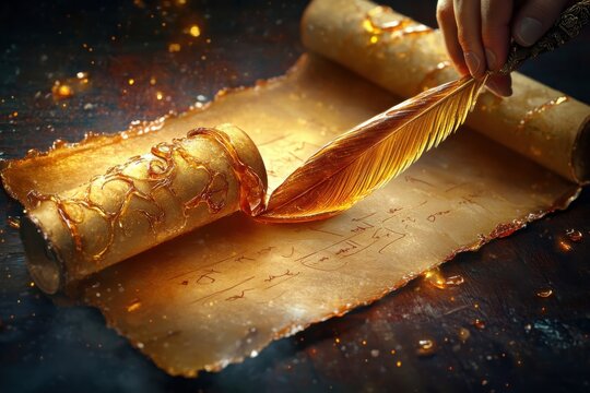 Magical vintage scroll paper with a golden syrup dipped feather quill pen and inkwell