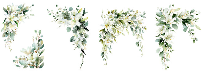 Fototapeta premium Elegant watercolor floral corners with white lilies, eucalyptus leaves, and botanical greenery, creating decorative borders for wedding invitations and celebration designs
