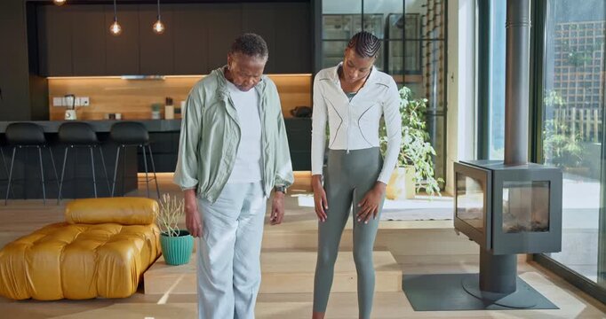Fitness, old woman or coach with scale, weight loss disappointment or progress support in home. Black people, senior person or trainer with tech, wellness empathy or reassurance in health frustration