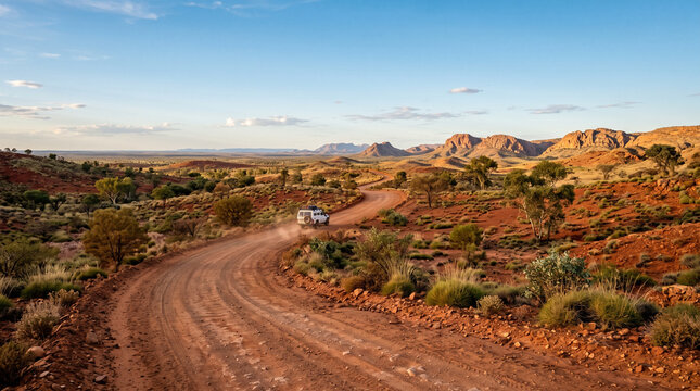 Car driving on a winding dirt road through Australian outback landscape  