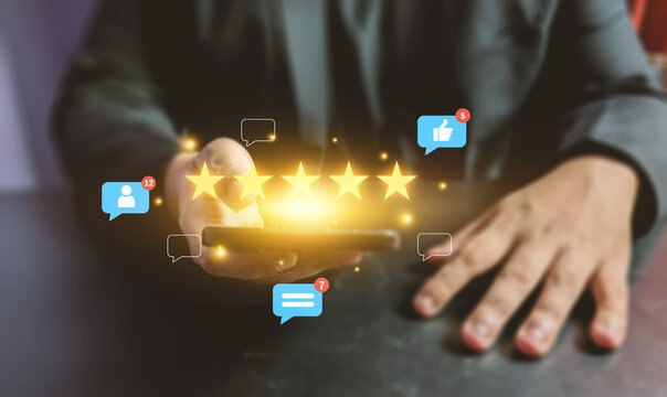 Marketing manager evaluates customer satisfaction, five-star ratings, online reviews, and feedback to enhance service quality, digital reputation, customer engagement, experience, and loyalty.