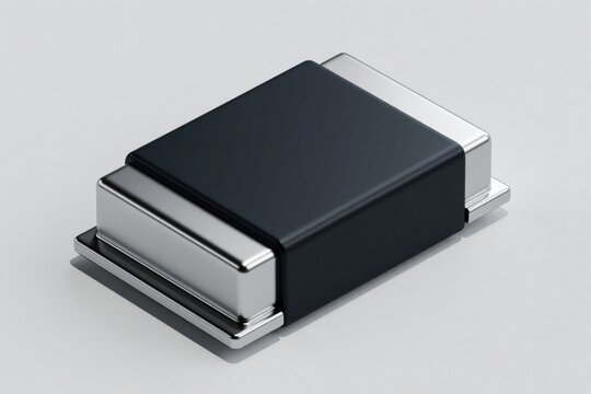 Single SMD capacitor on gray background. Black ceramic multilayer component with silver metal electrodes. 3D render of electronic part for circuit board assembly. Small microchip element used in