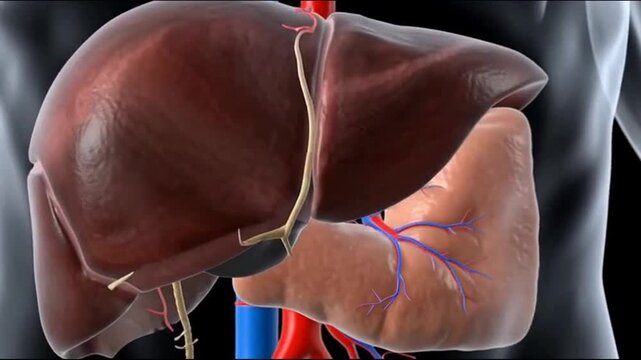 Detailed 3D medical illustration showcasing the human liver and adjacent internal organs within the abdominal cavity for educational and healthcare purposes
