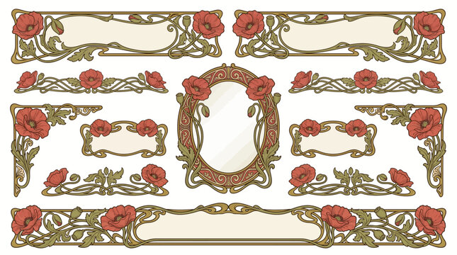 Art Nouveau Poppy Flower Frame Set, Vintage Jugendstil Floral Borders, Banners, Corners and Dividers, Red and Olive Green
