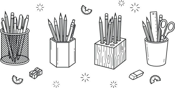 Pencil holder and office desk organizer vector line icon set with stationary scissors ruler and eraser