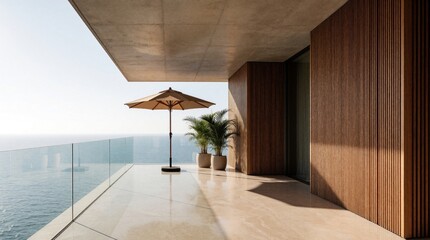 Fototapeta premium Modern minimalist balcony with wooden slat walls overlooking blue ocean. Luxury apartment terrace features beige stone floor, large sun umbrella, green palm plants in pots. Peaceful coastal home
