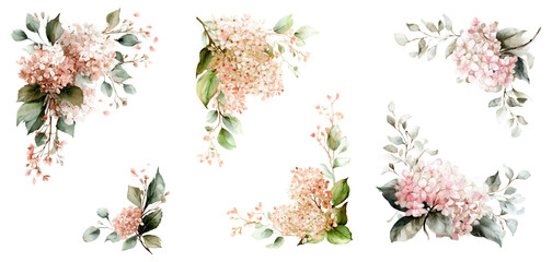 Fototapeta premium Watercolor floral arrangement with blooming pink hydrangea clusters and green leaves, creating decorative corners and border elements for wedding invitations and greeting cards