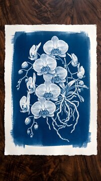 Exotic Orchid Plant with Roots Botanical Cyanotype Art Print