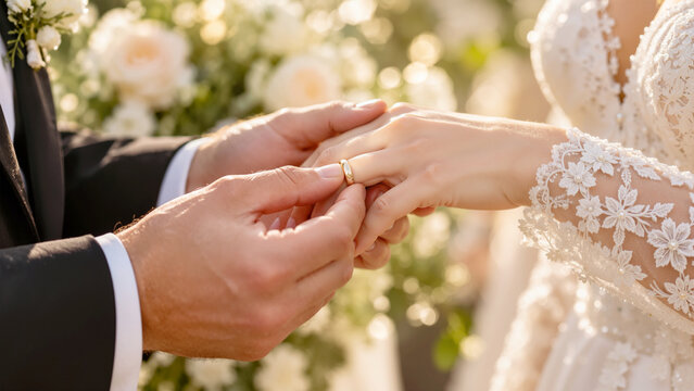 Groom putting gold wedding ring on bride finger during romantic outdoor ceremony, close up of exchange of vows