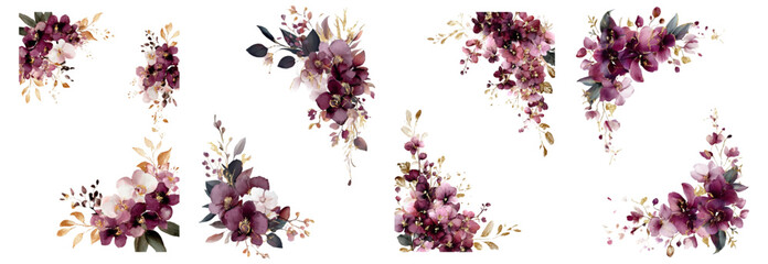 Fototapeta premium Watercolor floral corner borders with purple orchids, plum blossoms, and golden leaves, creating elegant frames for wedding invitations and decorative designs