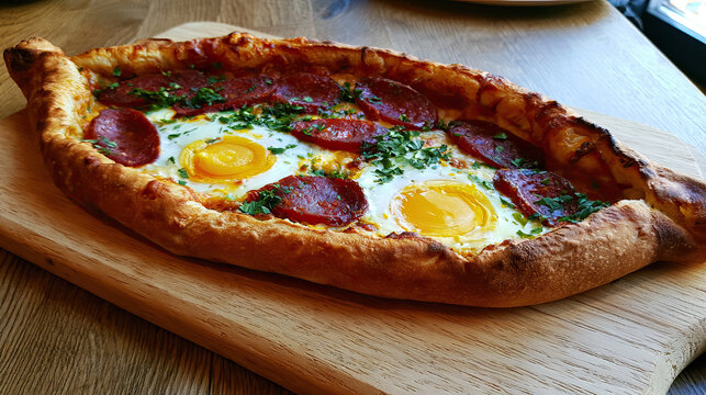 transparent pide Turkish boat bread with egg and sujuk cargo
