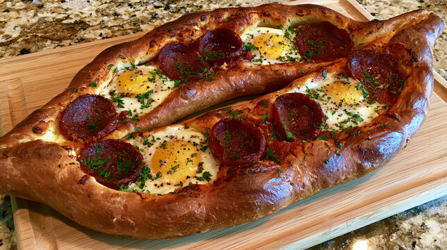 transparent turkish pide with egg and sujuk on a wooden table