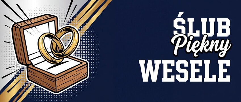 Gold wedding rings jewelry box comic banner with Polish text slub wesele. Pop art style wedding bands illustration on dark navy background template for marriage party invitation card design.