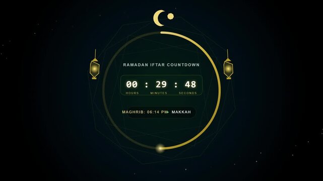 Islamic, Ramadan Kareem, Ramadan Ramadan iftar countdown timer with Islamic lanterns and moon graphic on dark starry background elegant motion.