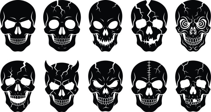 Gothic human skull vector collection, black cracked skull silhouettes set of 10, evil horror skull heads with horns, dark halloween graphic elements