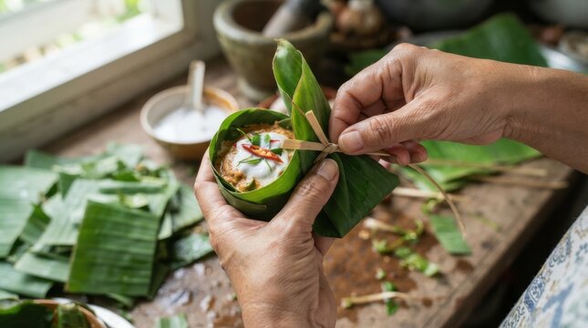 thai banana leaf wrapping hands closeup Hands preparing traditional food wrapped in banana leaves on wooden table