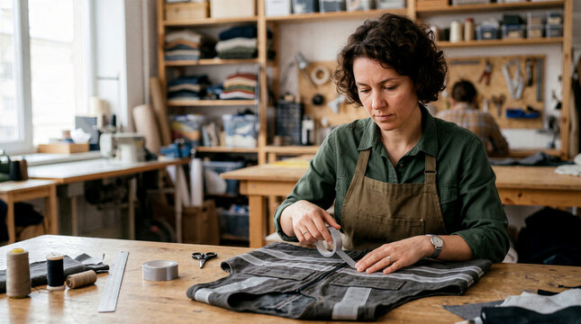 Crafter applying reflective tape to workwear in sewing workshop for garment repair and safety customization