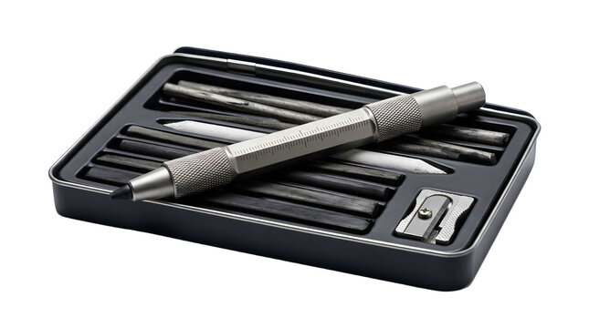 Sleek metallic wayfinding marker pen in organizer with precision tip detail, concept for navigation tools, travel guides and urban signage design