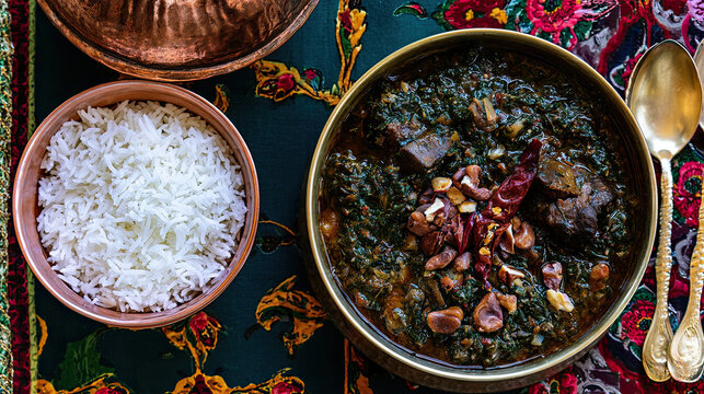 nfizix ghormeh sabzi herb stew with dried lime in dark ambiance