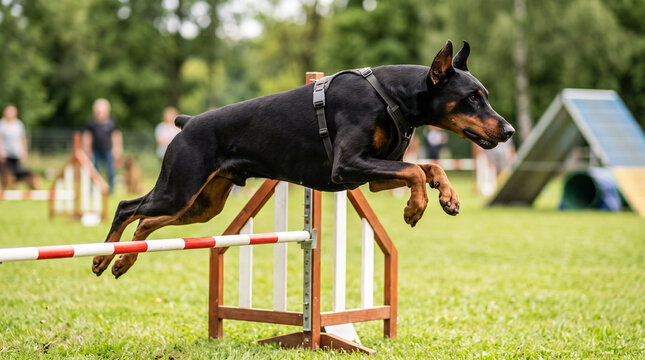 Black Doberman jumping over an obstacle in an agility competition  