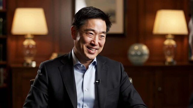 Confident asian businessman in suit speaking during interview in executive office, corporate leader talking