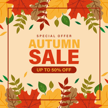 Autumn sale banner template with colorful fall leaves frame and special offer text, isolated vector illustration, design for flyer,poster,advertising,web banner