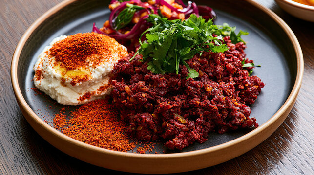 transparent kitfo with mitmita and ayib on a plate