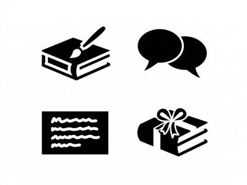 Book and chat icons set black silhouette

Set of four black book related icons on white background. Book with paintbrush, chat bubbles, text page, and gift wrapped book.