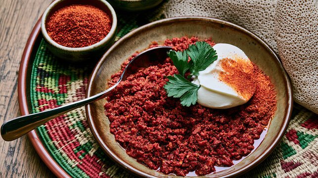 transparent kitfo with mitmita dust and ayib served on plate