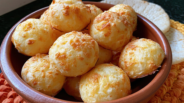 transparent pao de queijo cheese bread with colorful balloons and tapioca pull