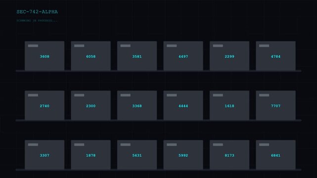 Digital security interface with data boxes loading numerical information