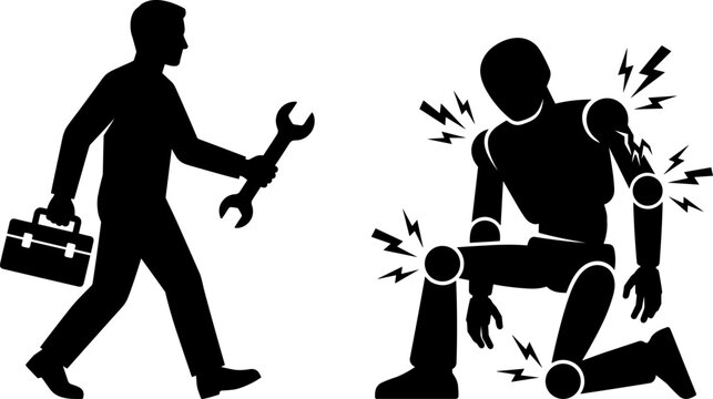 A mechanic holding a wrench and a toolbox approaching a broken robot silhouette